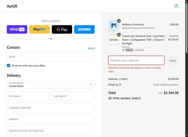 Apt2B checkout page showing Apt2B promo code box | Screenshot taken by SimplyCodes community member on Aug 1, 2025