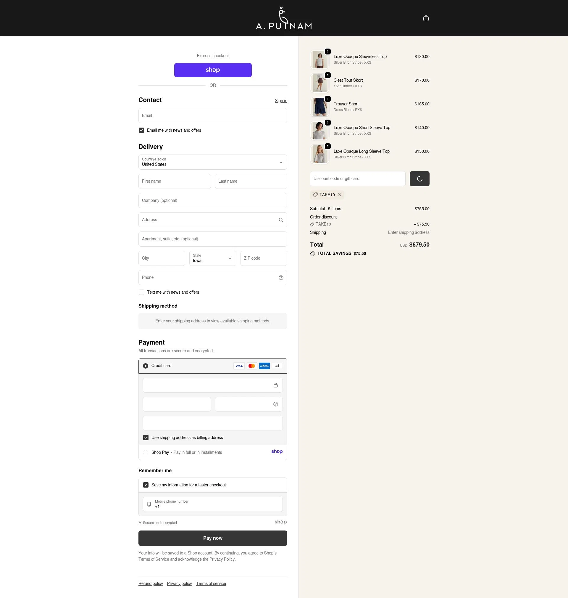 A. Putnam checkout page showing A. Putnam promo code box | Screenshot taken by SimplyCodes community member on Dec 24, 2025
