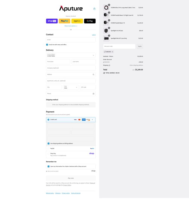 Aputure checkout page showing Aputure discount code box | Screenshot taken by SimplyCodes community member on Aug 15, 2025