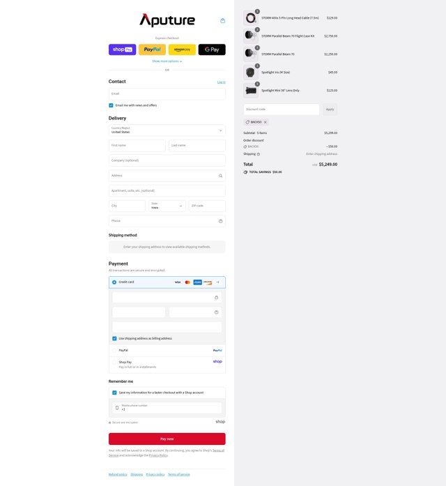 Aputure checkout page showing Aputure discount code box | Screenshot taken by SimplyCodes community member on Aug 20, 2025