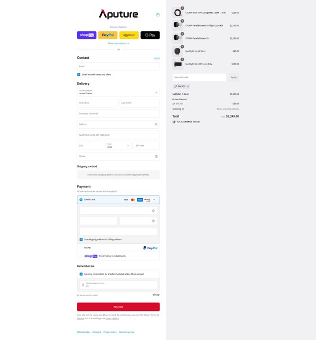 Aputure checkout page showing Aputure discount code box | Screenshot taken by SimplyCodes community member on Aug 11, 2025