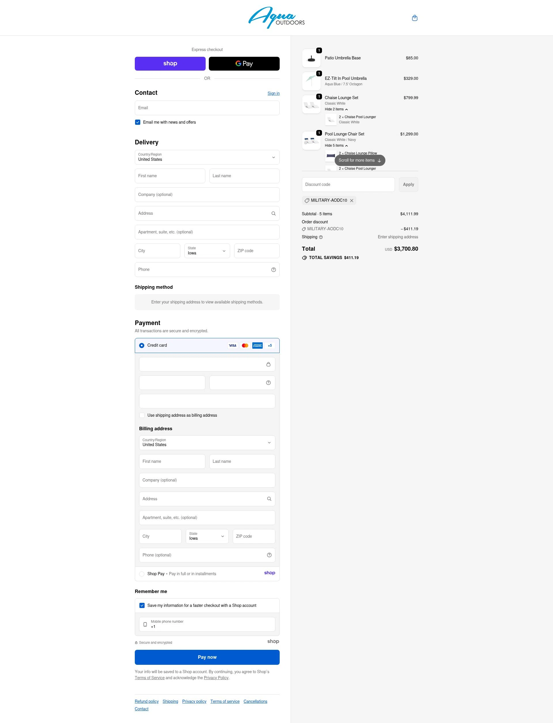 Aqua Outdoors checkout page showing Aqua Outdoors promo code box | Screenshot taken by SimplyCodes community member on Nov 24, 2025
