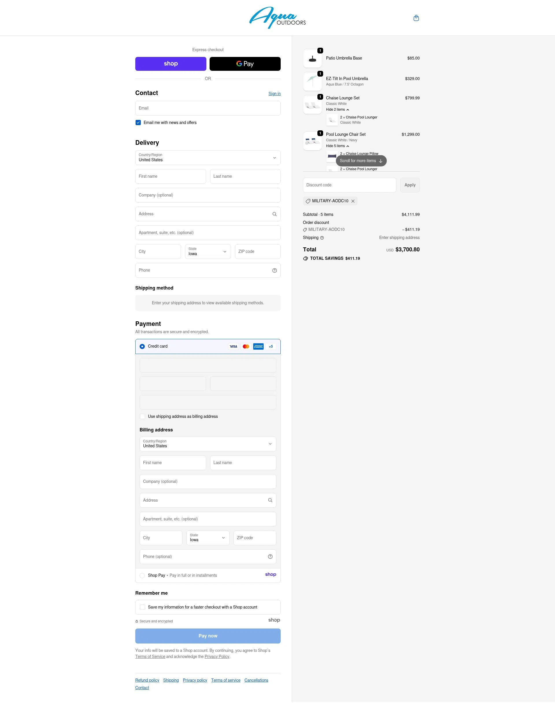 Aqua Outdoors checkout page showing Aqua Outdoors promo code box | Screenshot taken by SimplyCodes community member on Nov 29, 2025
