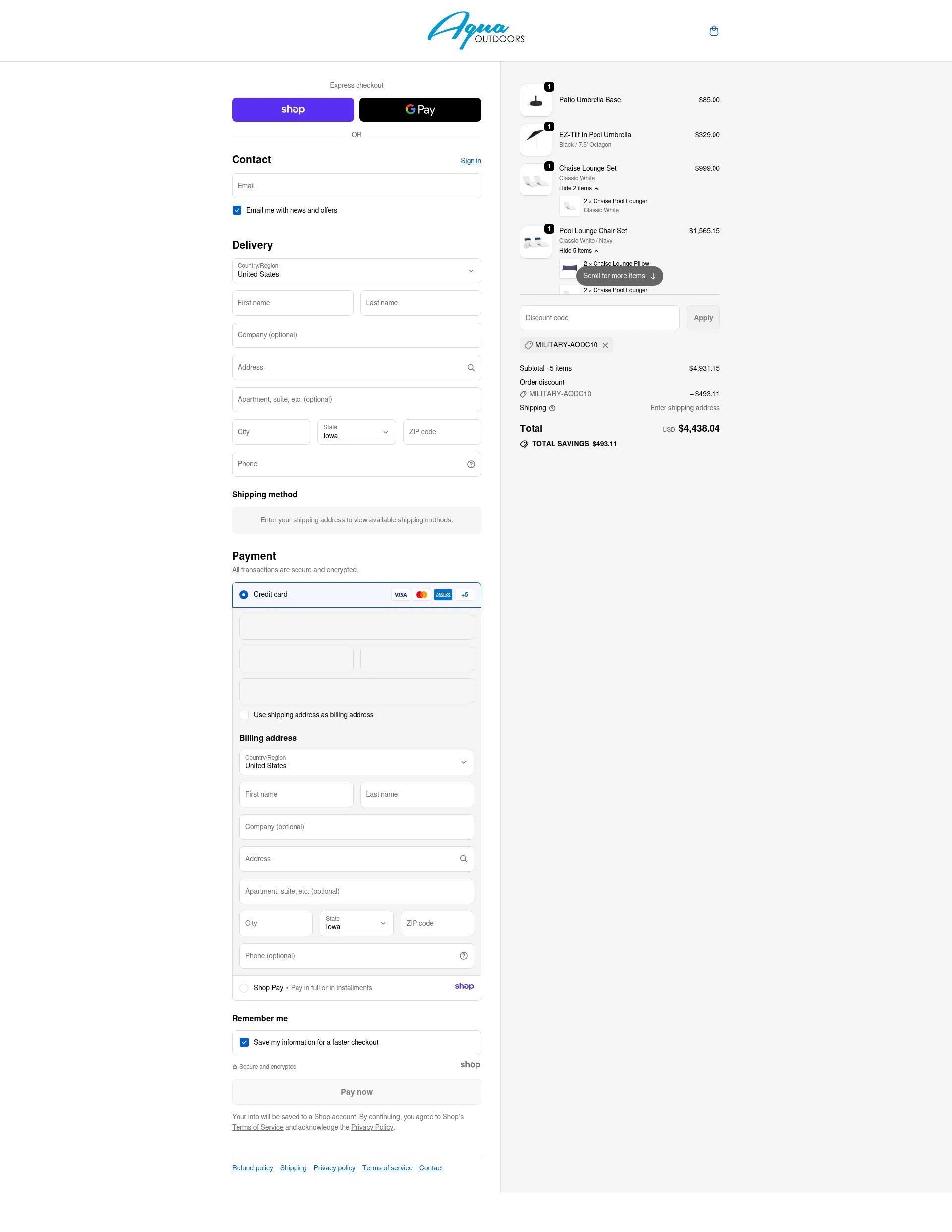 Aqua Outdoors checkout page showing Aqua Outdoors promo code box | Screenshot taken by SimplyCodes community member on Dec 15, 2025