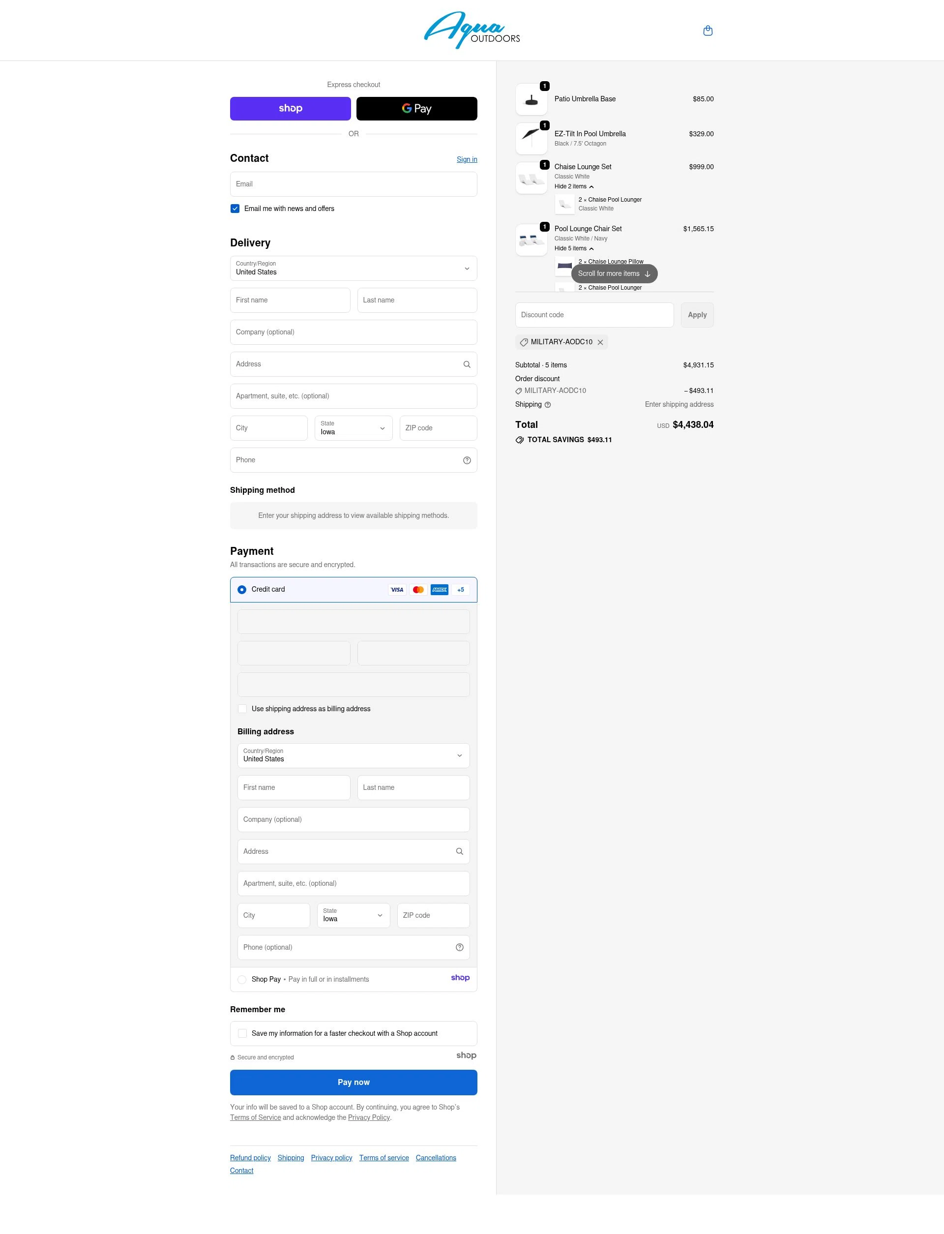Aqua Outdoors checkout page showing Aqua Outdoors promo code box | Screenshot taken by SimplyCodes community member on Dec 10, 2025