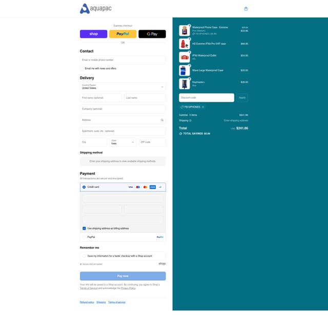 Aquapac checkout page showing Aquapac coupon code box | Screenshot taken by SimplyCodes community member on Sep 7, 2025