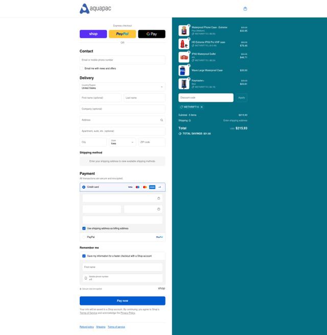 Aquapac checkout page showing Aquapac coupon code box | Screenshot taken by SimplyCodes community member on Sep 3, 2025