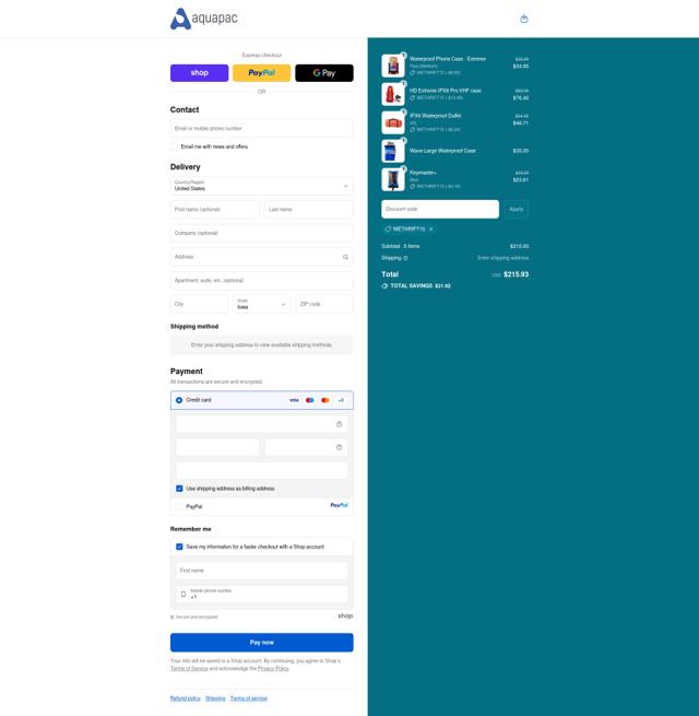 Aquapac checkout page showing Aquapac coupon code box | Screenshot taken by SimplyCodes community member on Sep 11, 2025