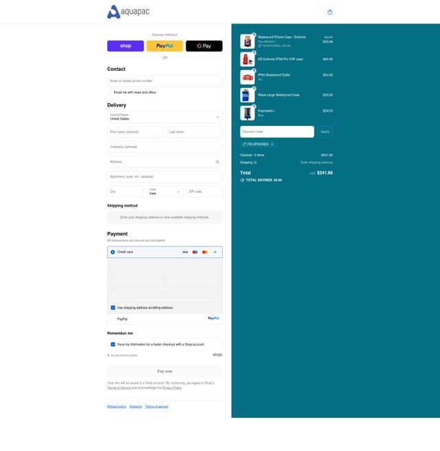 Aquapac checkout page showing Aquapac coupon code box | Screenshot taken by SimplyCodes community member on Sep 11, 2025