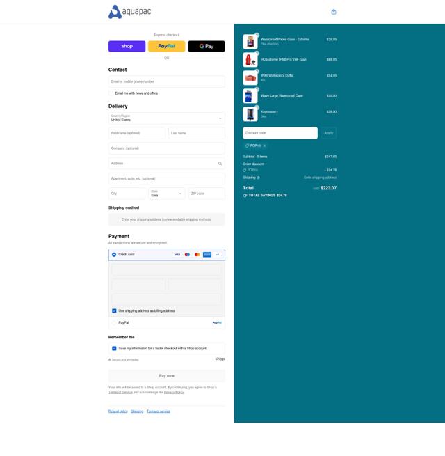 Aquapac checkout page showing Aquapac coupon code box | Screenshot taken by SimplyCodes community member on Sep 7, 2025
