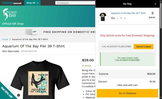 Aquarium of the Bay checkout page showing Aquarium of the Bay promo code box | Screenshot taken by SimplyCodes community member on Sep 5, 2025