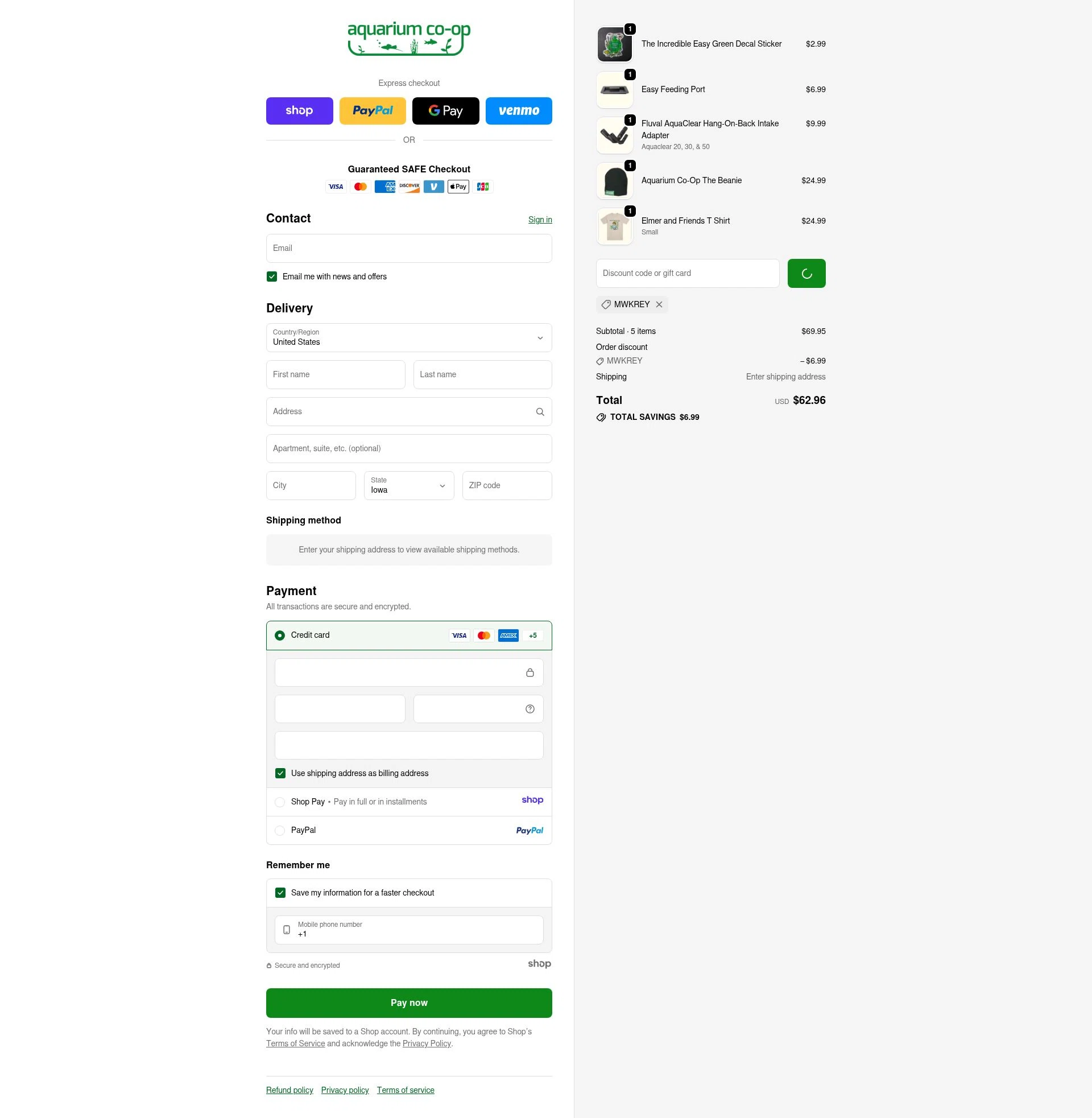 Aquarium Co-Op checkout page showing Aquarium Co-Op discount code box | Screenshot taken by SimplyCodes community member on Dec 27, 2025
