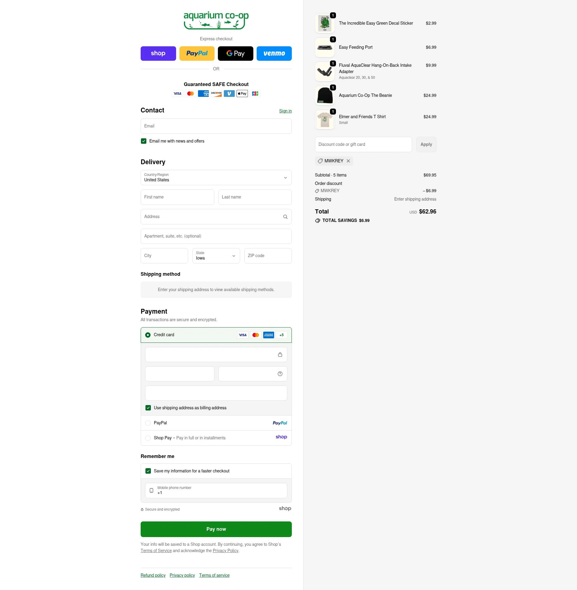 Aquarium Co-Op checkout page showing Aquarium Co-Op discount code box | Screenshot taken by SimplyCodes community member on Dec 15, 2025