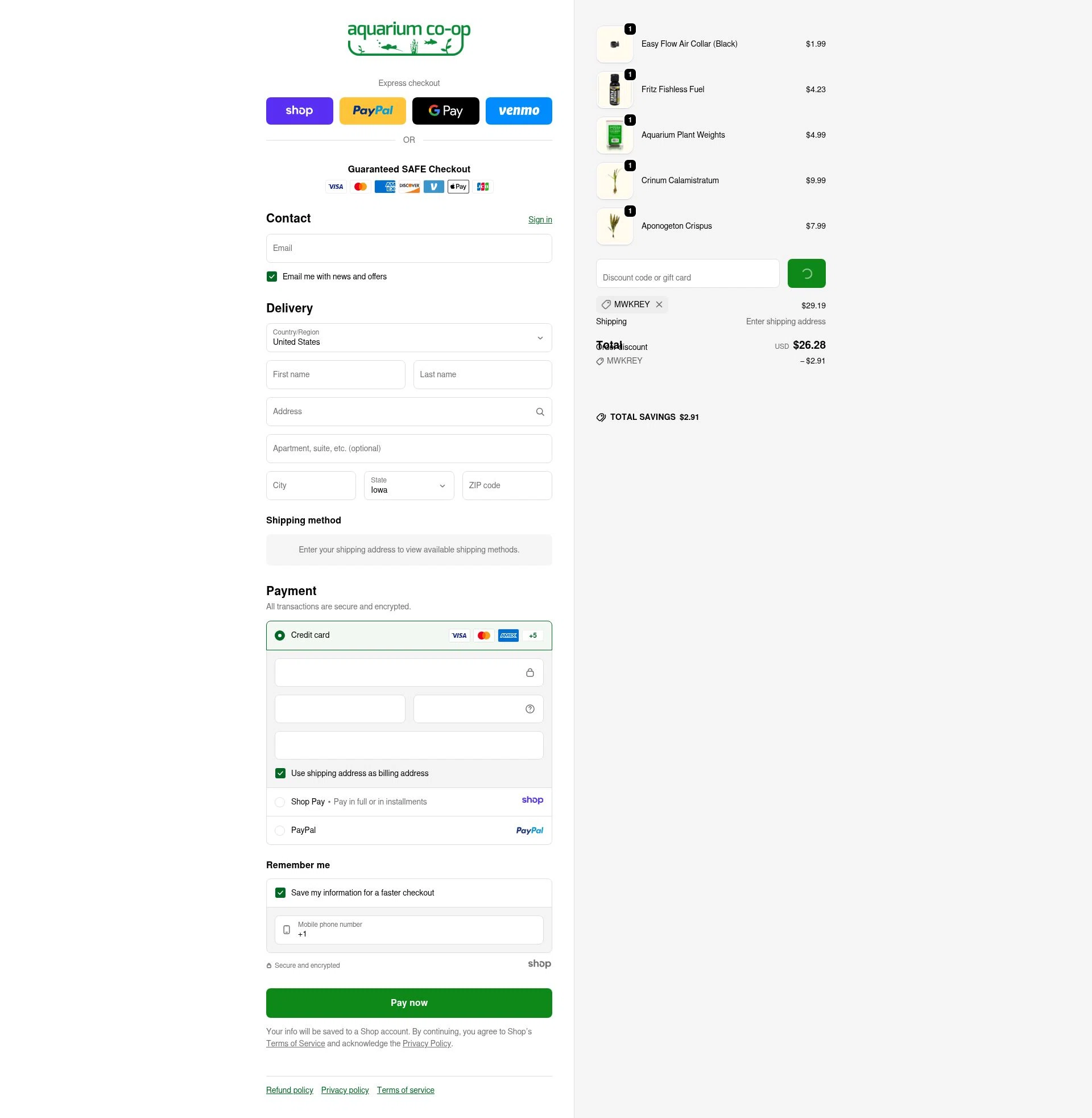 Aquarium Co-Op checkout page showing Aquarium Co-Op discount code box | Screenshot taken by SimplyCodes community member on Jan 6, 2026