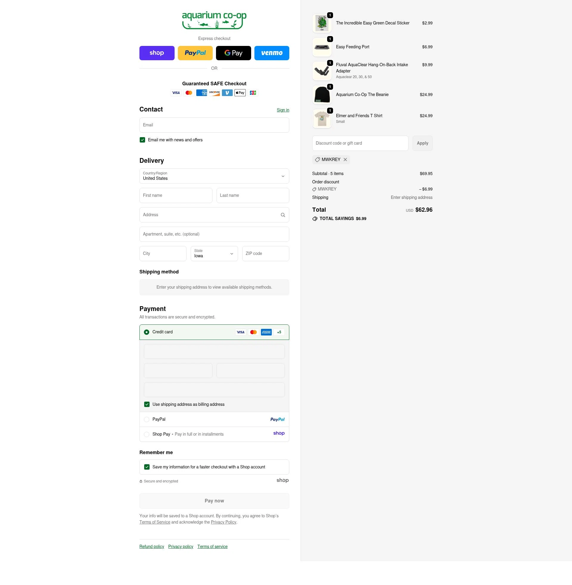 Aquarium Co-Op checkout page showing Aquarium Co-Op discount code box | Screenshot taken by SimplyCodes community member on Dec 3, 2025