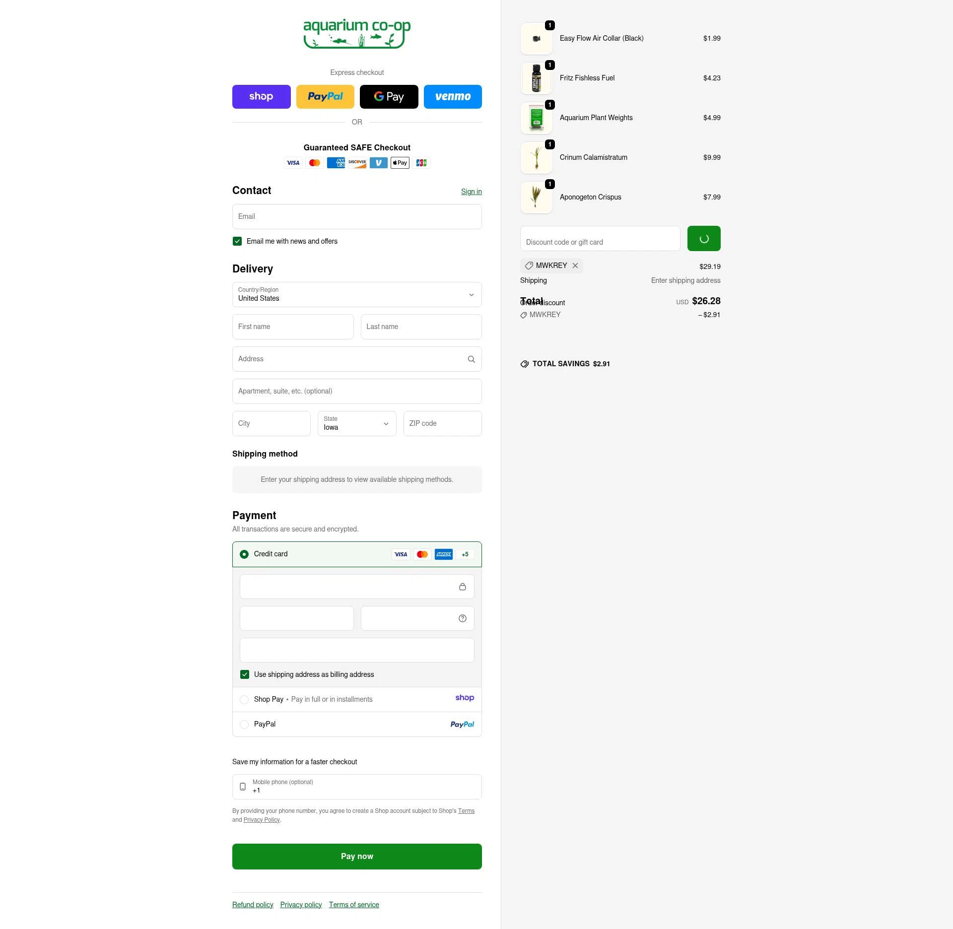 Aquarium Co-Op checkout page showing Aquarium Co-Op discount code box | Screenshot taken by SimplyCodes community member on Jan 11, 2026
