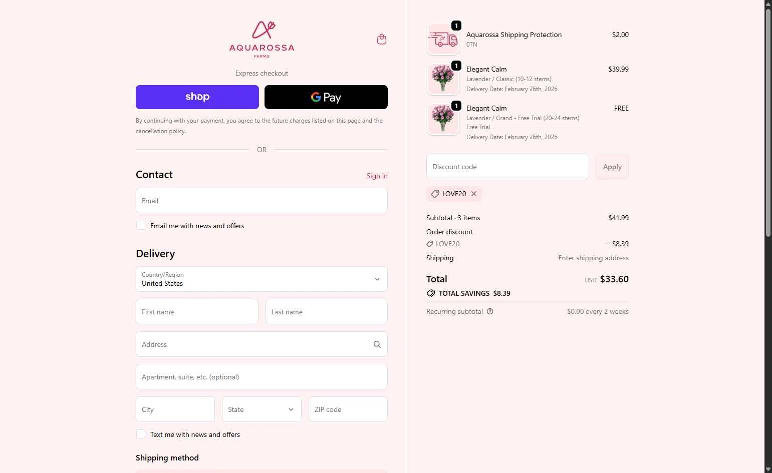 Aquarossa Farms checkout page showing Aquarossa Farms promo code box | Screenshot taken by SimplyCodes community member on Feb 20, 2026