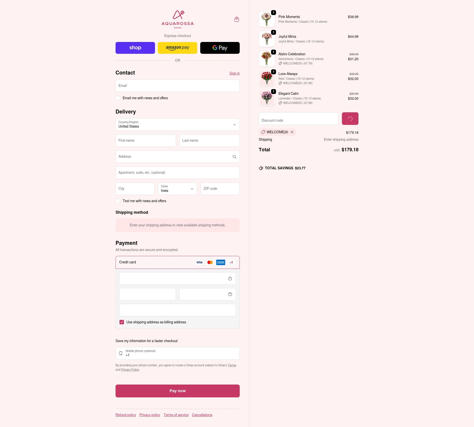 Aquarossa Farms checkout page showing Aquarossa Farms promo code box | Screenshot taken by SimplyCodes community member on Feb 20, 2026