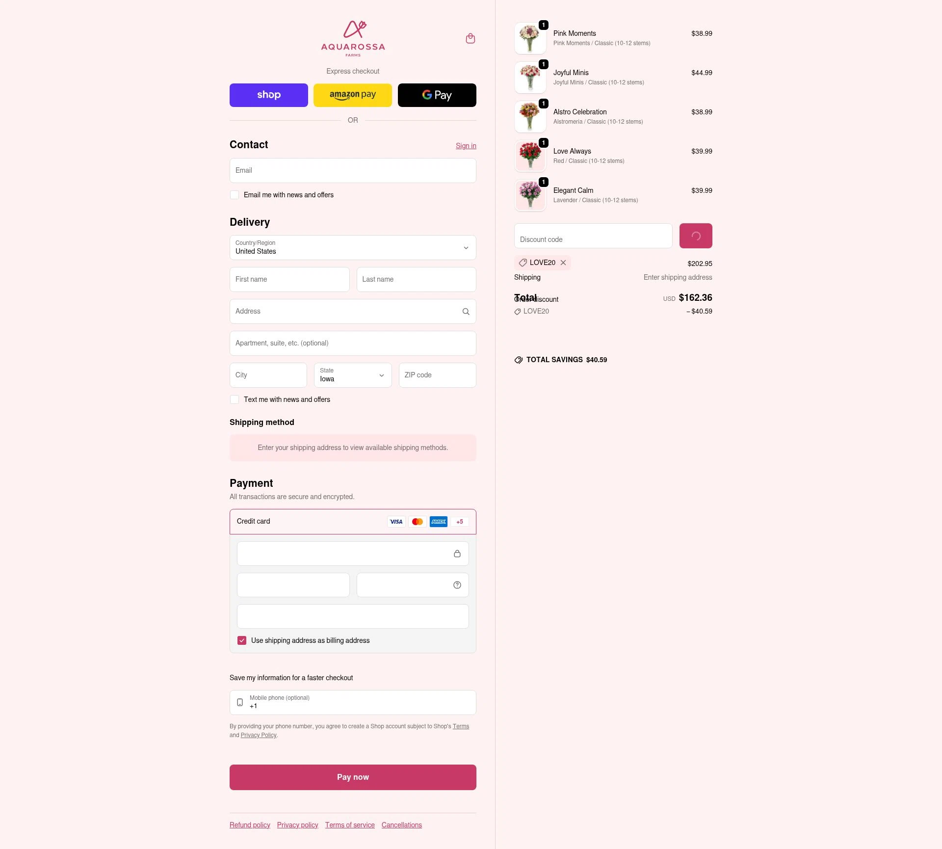 Aquarossa Farms checkout page showing Aquarossa Farms promo code box | Screenshot taken by SimplyCodes community member on Feb 15, 2026
