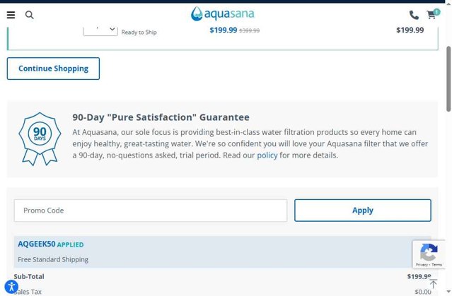 Aquasana Home Water Filters checkout page showing Aquasana Home Water Filters promo code box | Screenshot taken by SimplyCodes community member on Aug 29, 2025