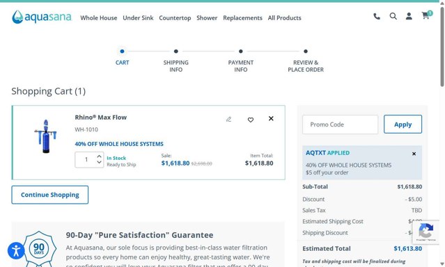 Aquasana Home Water Filters checkout page showing Aquasana Home Water Filters promo code box | Screenshot taken by SimplyCodes community member on Sep 5, 2025