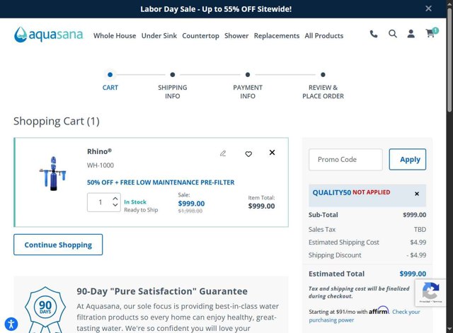 Aquasana Home Water Filters checkout page showing Aquasana Home Water Filters promo code box | Screenshot taken by SimplyCodes community member on Sep 1, 2025