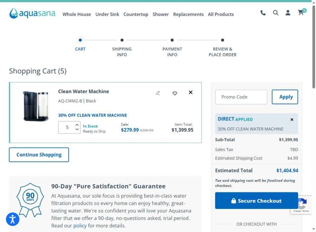 Aquasana Home Water Filters checkout page showing Aquasana Home Water Filters promo code box | Screenshot taken by SimplyCodes community member on Sep 5, 2025