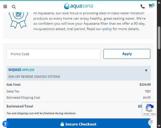 Aquasana Home Water Filters checkout page showing Aquasana Home Water Filters promo code box | Screenshot taken by SimplyCodes community member on Sep 5, 2025