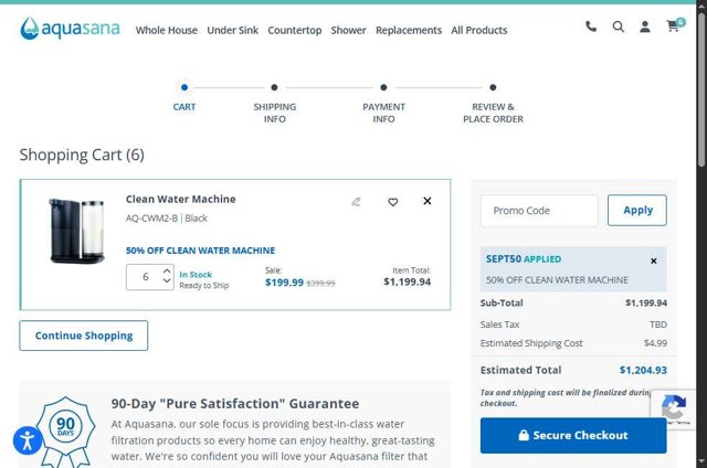 Aquasana Home Water Filters checkout page showing Aquasana Home Water Filters promo code box | Screenshot taken by SimplyCodes community member on Sep 5, 2025