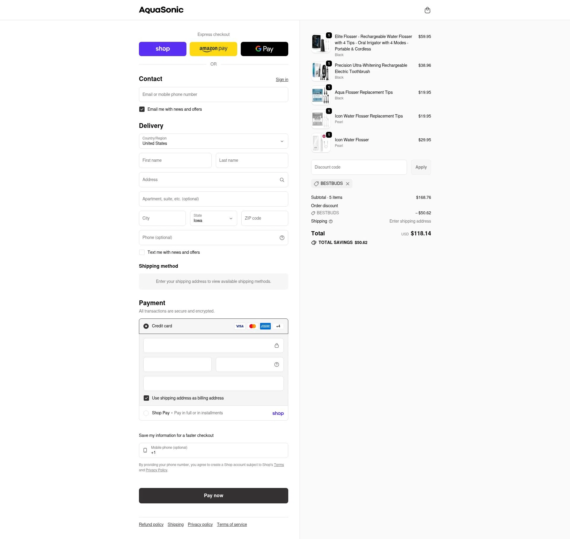 AquaSonic checkout page showing AquaSonic discount code box | Screenshot taken by SimplyCodes community member on Feb 14, 2026