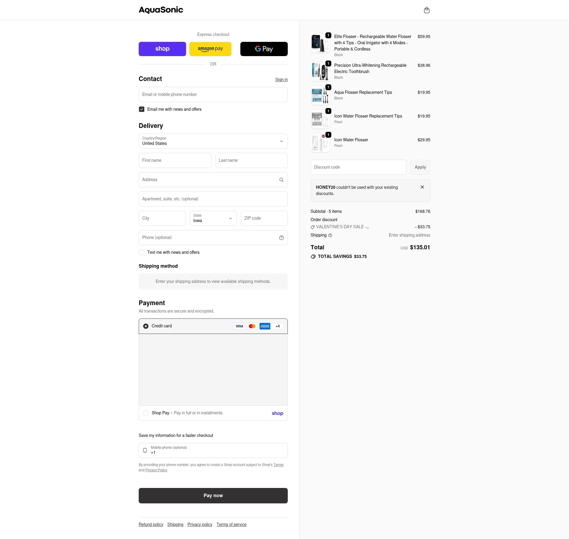 AquaSonic checkout page showing AquaSonic discount code box | Screenshot taken by SimplyCodes community member on Feb 12, 2026