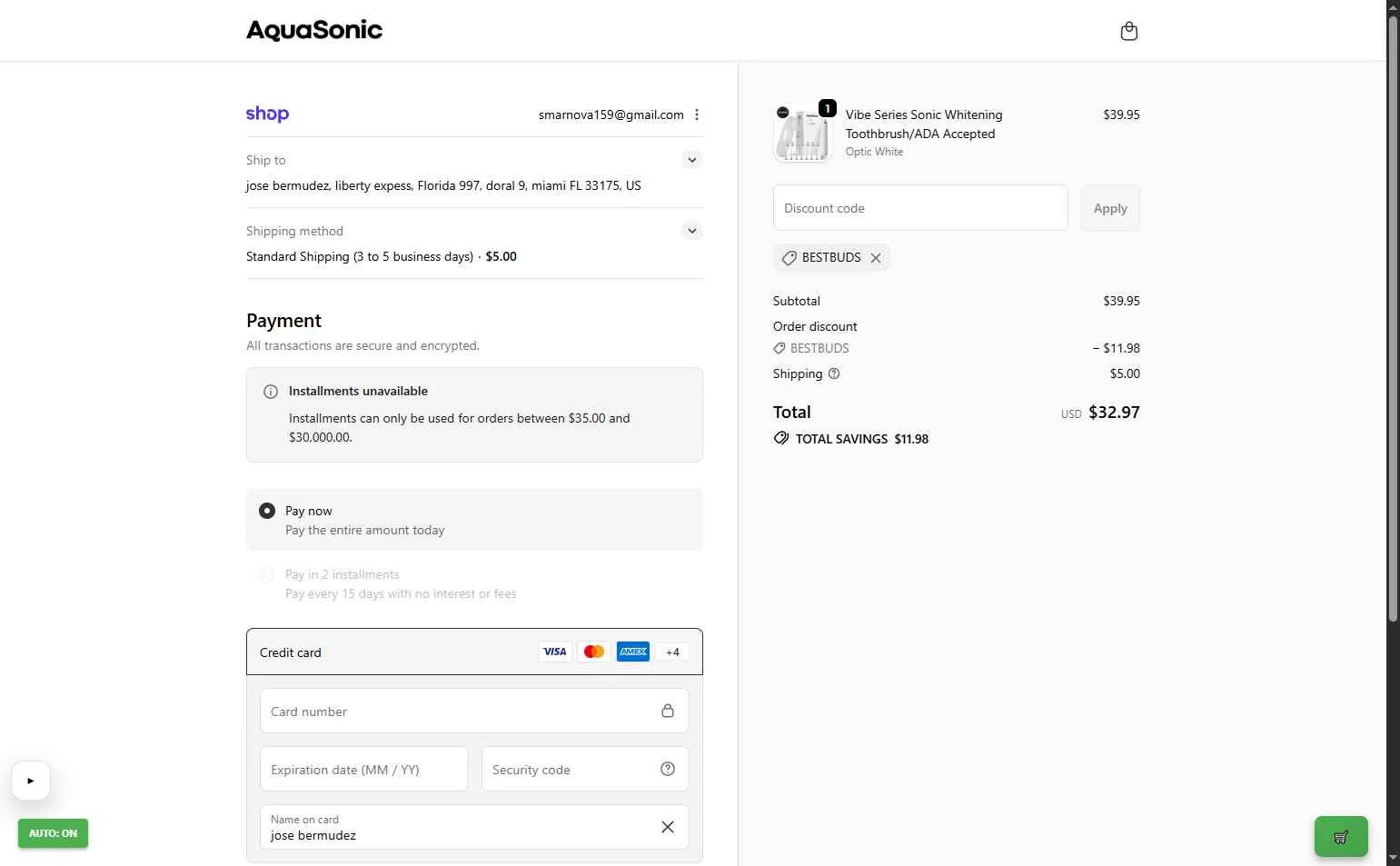 AquaSonic checkout page showing AquaSonic discount code box | Screenshot taken by SimplyCodes community member on Feb 8, 2026