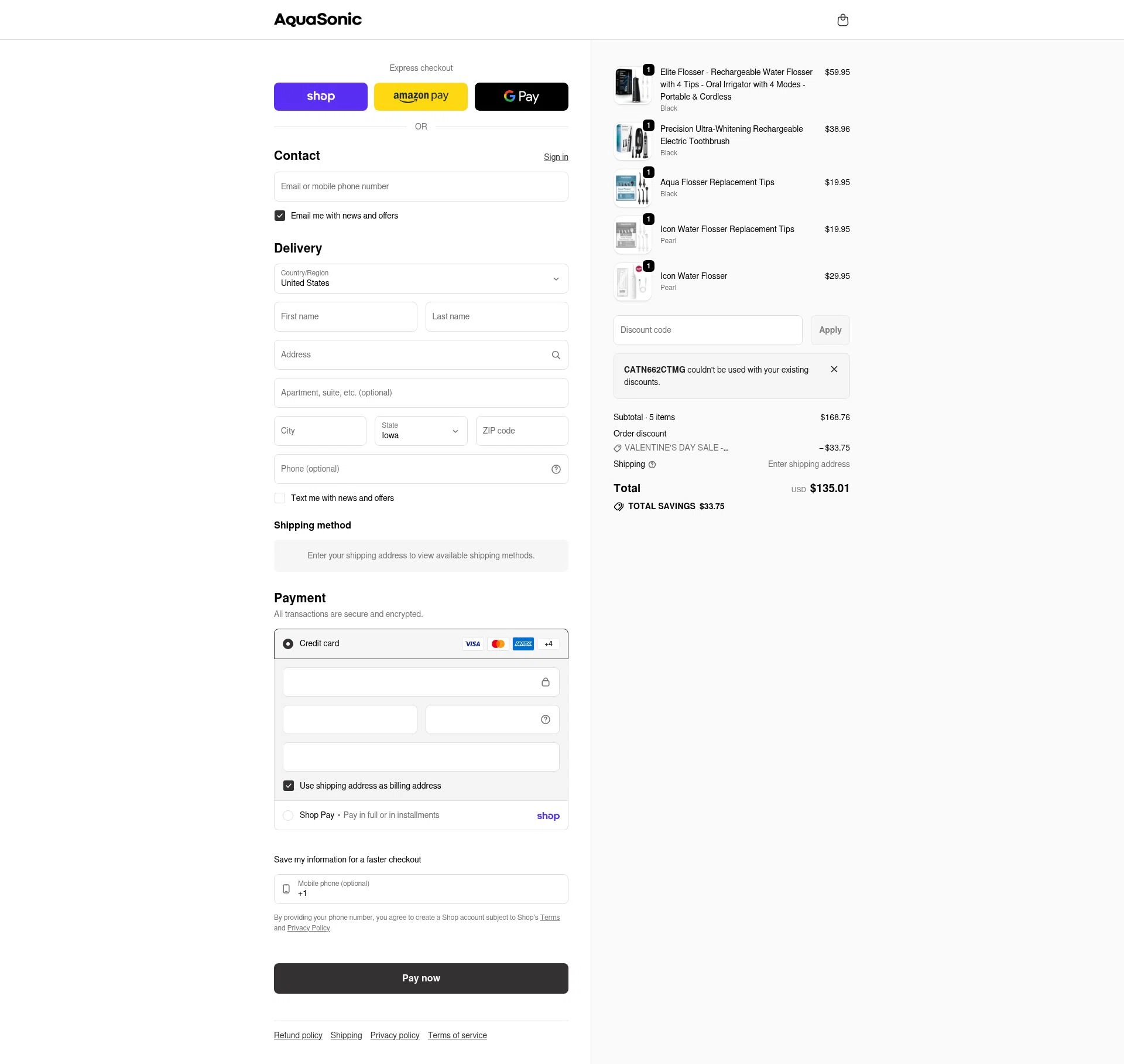 AquaSonic checkout page showing AquaSonic discount code box | Screenshot taken by SimplyCodes community member on Feb 12, 2026