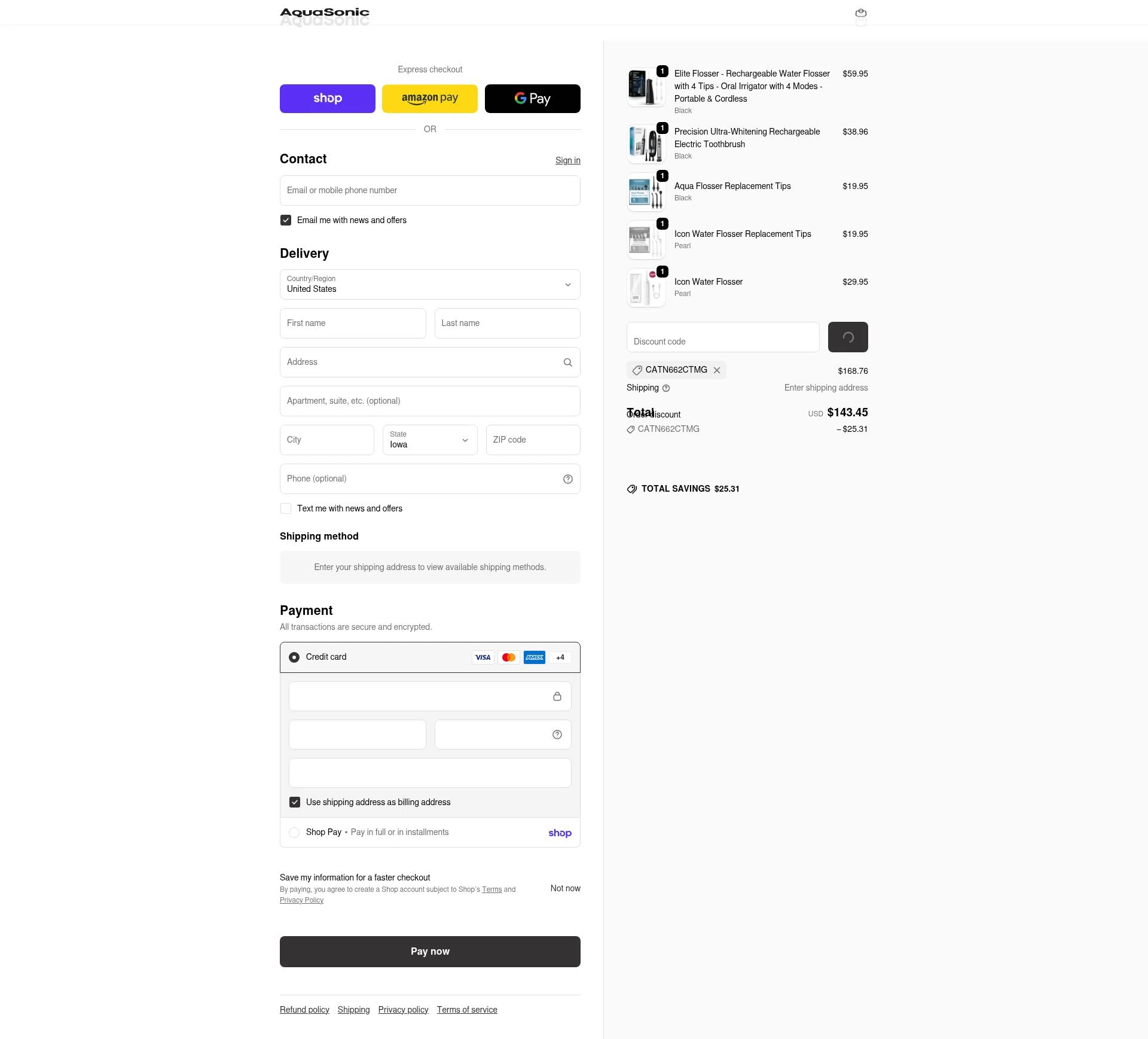 AquaSonic checkout page showing AquaSonic discount code box | Screenshot taken by SimplyCodes community member on Feb 17, 2026