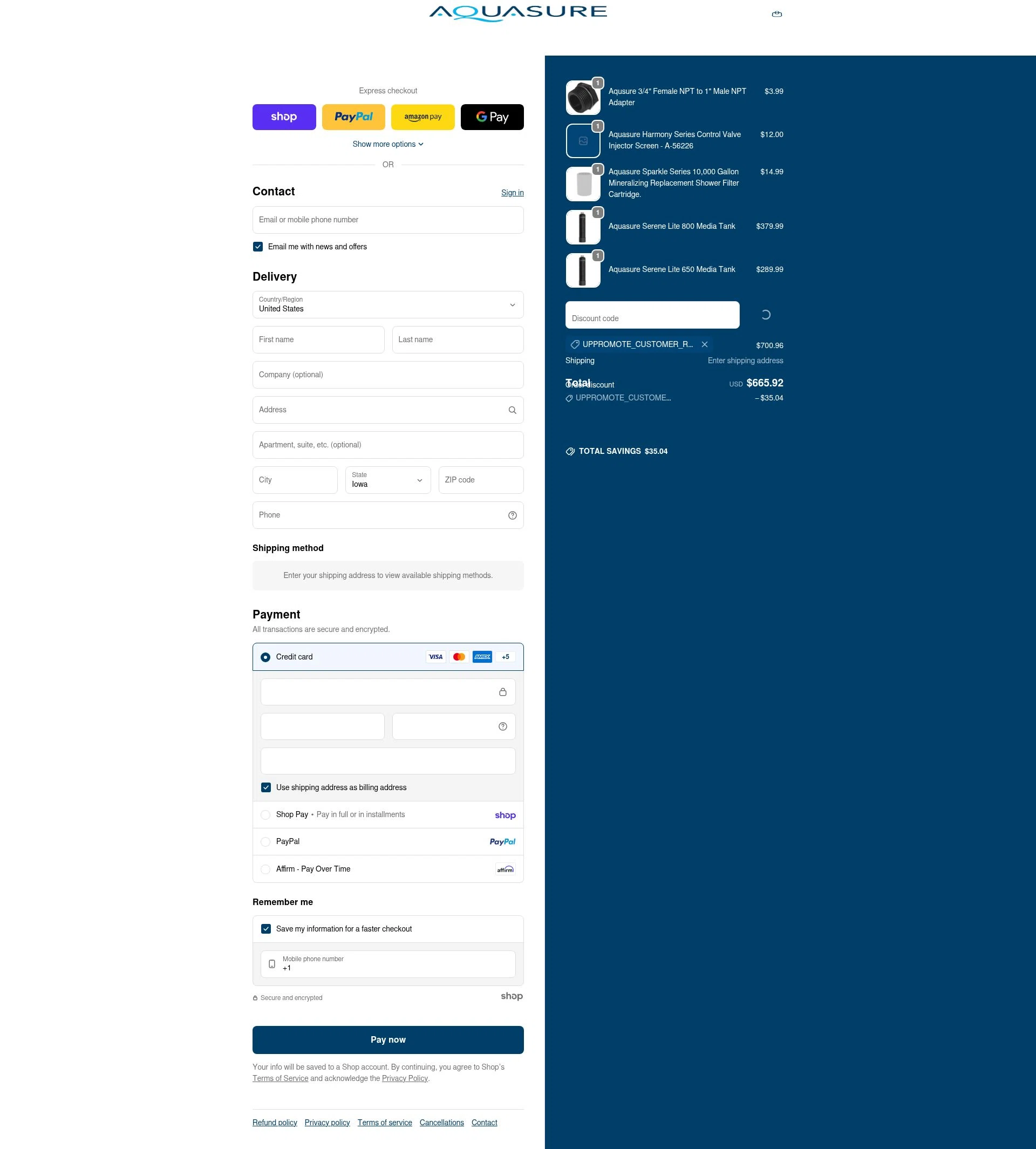 Aquasure checkout page showing Aquasure discount code box | Screenshot taken by SimplyCodes community member on Jan 24, 2026