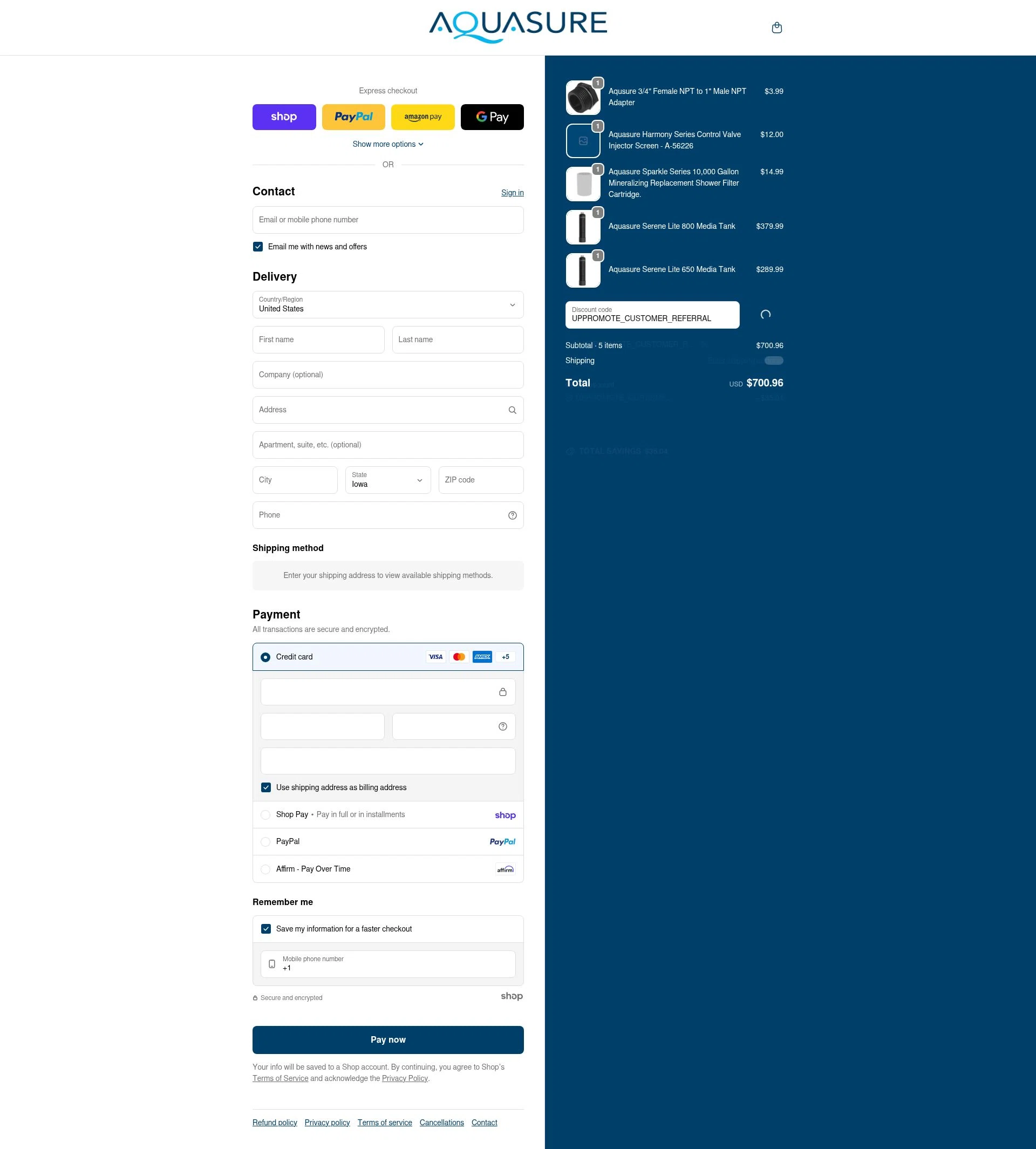 Aquasure checkout page showing Aquasure discount code box | Screenshot taken by SimplyCodes community member on Jan 29, 2026