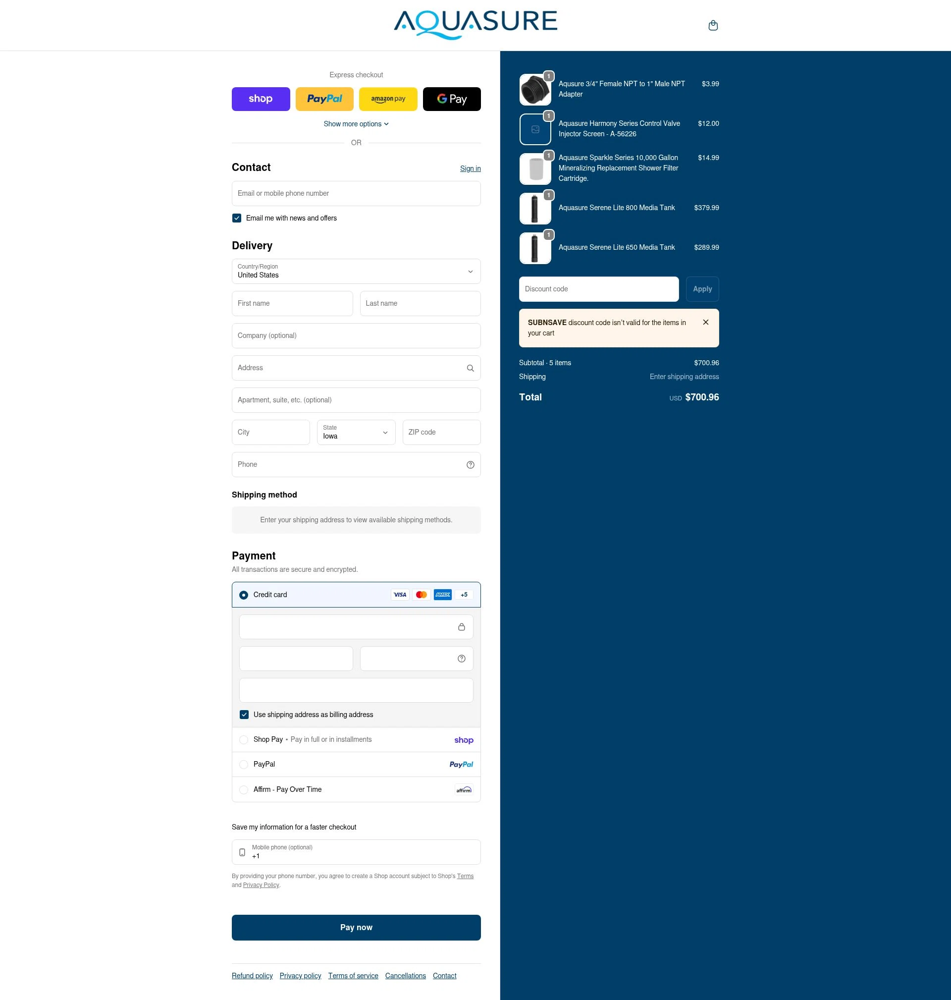 Aquasure checkout page showing Aquasure discount code box | Screenshot taken by SimplyCodes community member on Feb 2, 2026
