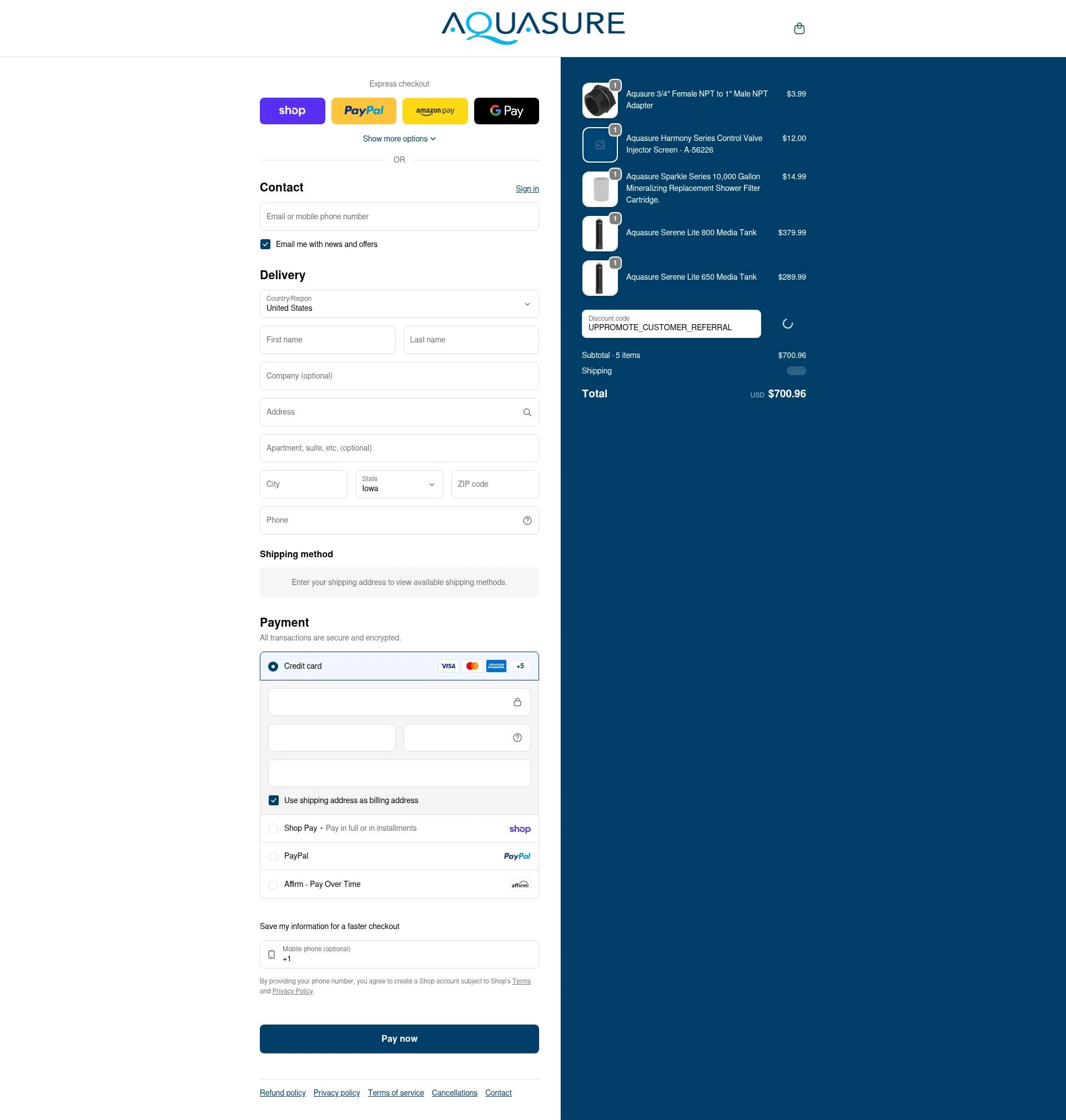 Aquasure checkout page showing Aquasure discount code box | Screenshot taken by SimplyCodes community member on Feb 2, 2026