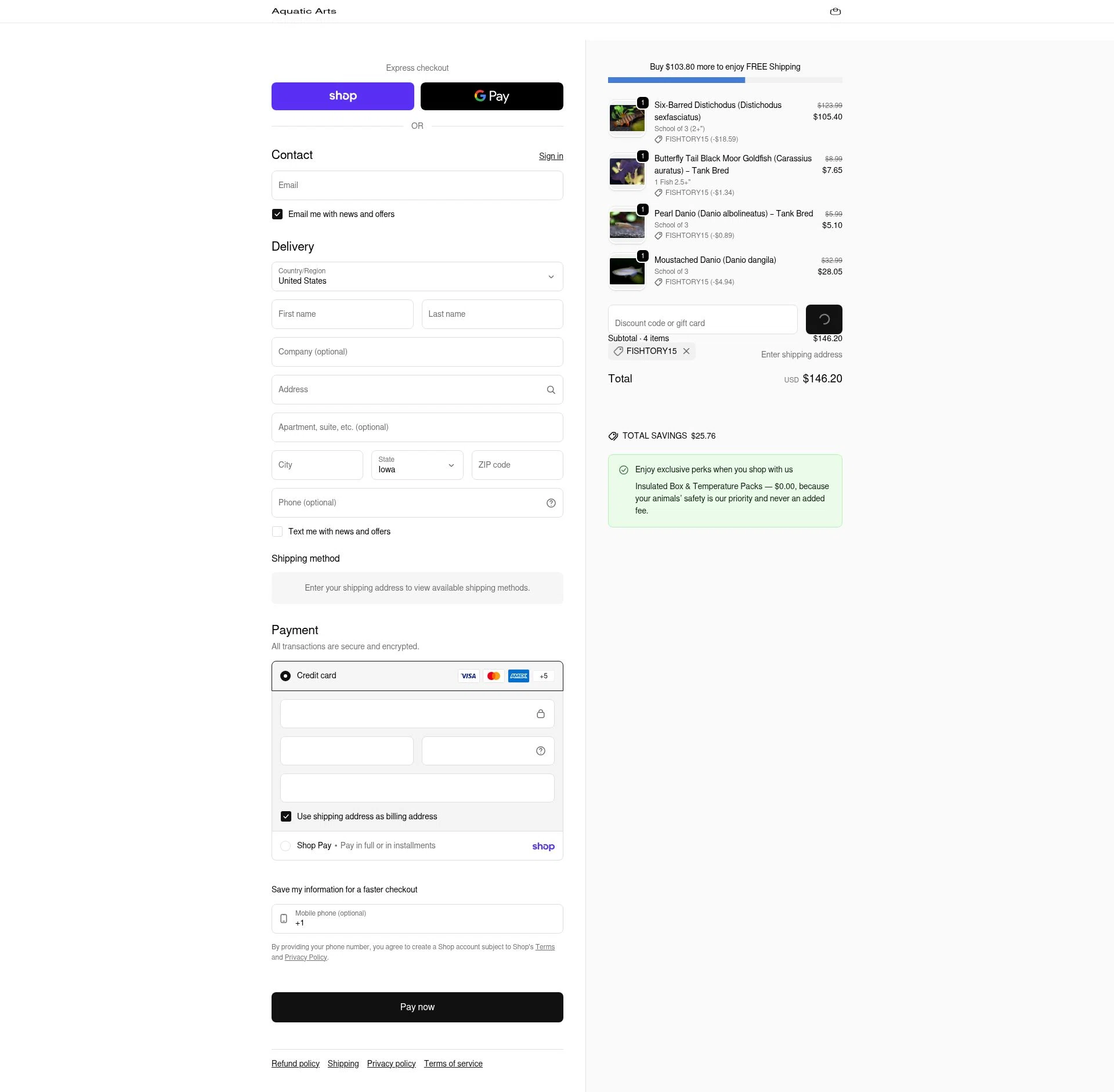 Aquatic Arts checkout page showing Aquatic Arts discount code box | Screenshot taken by SimplyCodes community member on Feb 5, 2026
