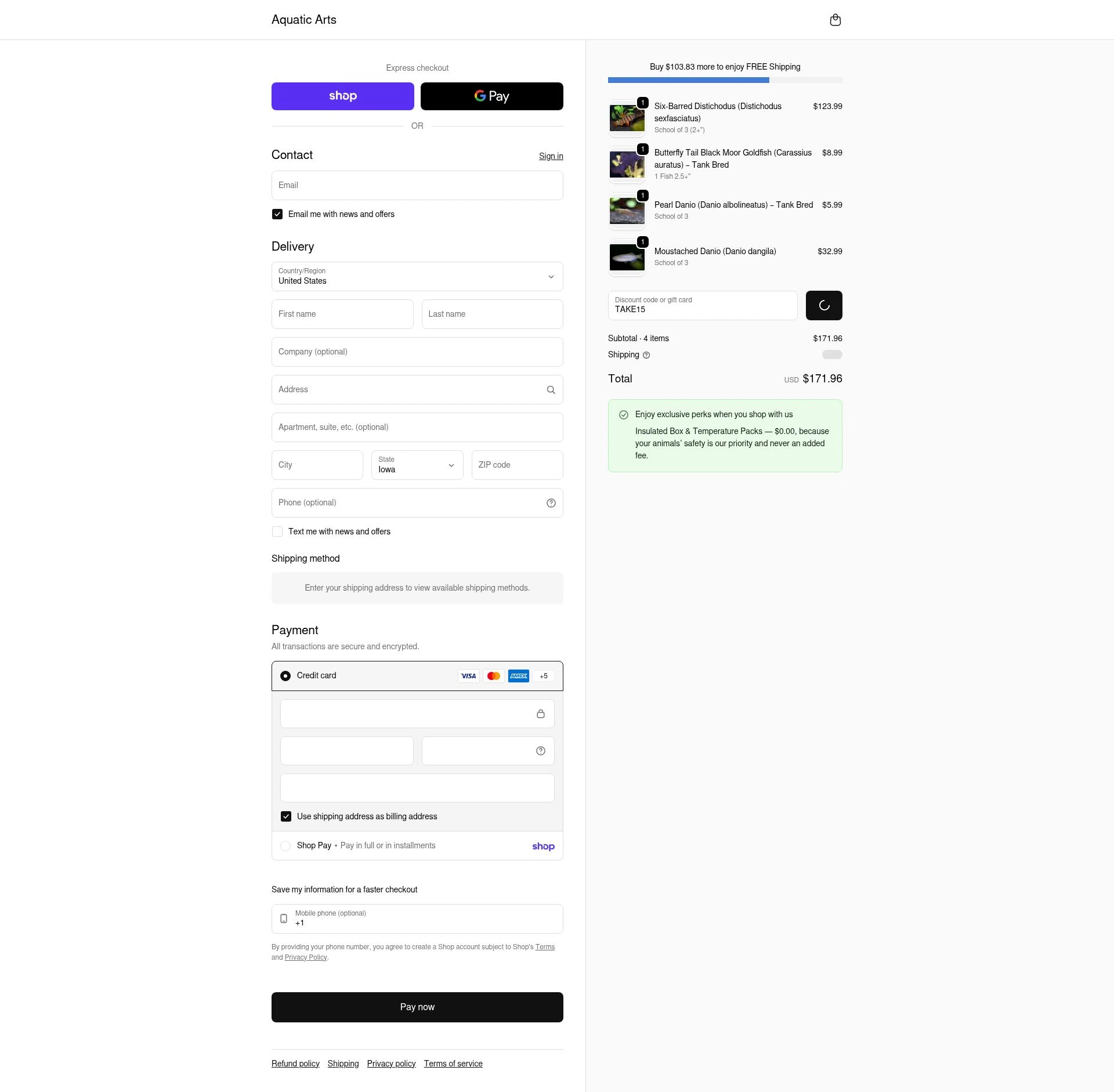 Aquatic Arts checkout page showing Aquatic Arts discount code box | Screenshot taken by SimplyCodes community member on Feb 5, 2026