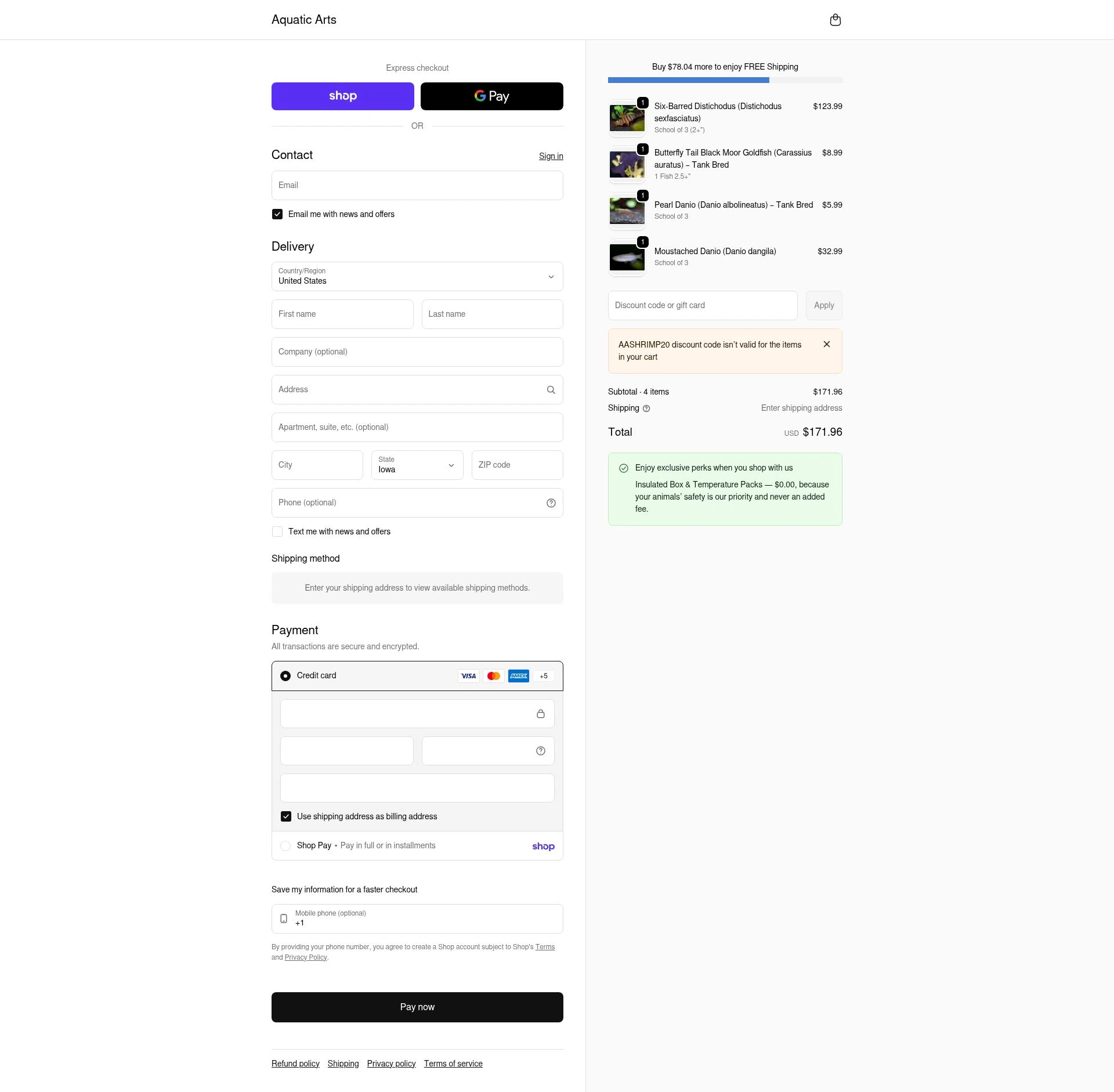 Aquatic Arts checkout page showing Aquatic Arts discount code box | Screenshot taken by SimplyCodes community member on Feb 5, 2026