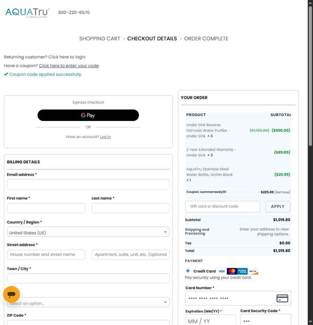 AquaTru checkout page showing AquaTru coupon code box | Screenshot taken by SimplyCodes community member on Jun 27, 2025