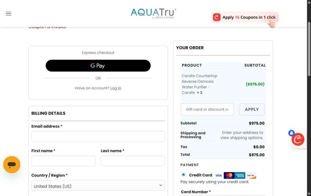 AquaTru checkout page showing AquaTru coupon code box | Screenshot taken by SimplyCodes community member on Jul 26, 2025