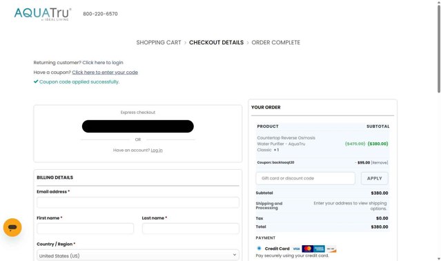 AquaTru checkout page showing AquaTru coupon code box | Screenshot taken by SimplyCodes community member on Aug 26, 2025