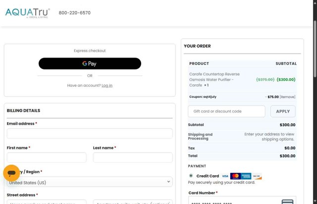 AquaTru checkout page showing AquaTru coupon code box | Screenshot taken by SimplyCodes community member on Jul 17, 2025