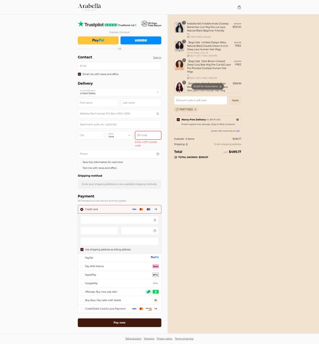 Arabella Hair checkout page showing Arabella Hair coupon code box | Screenshot taken by SimplyCodes community member on Sep 10, 2025