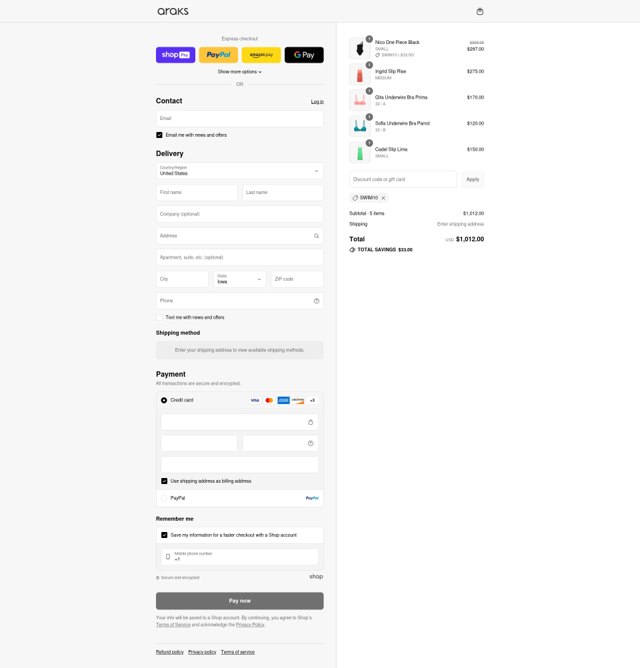Araks checkout page showing Araks discount code box | Screenshot taken by SimplyCodes community member on Aug 16, 2025