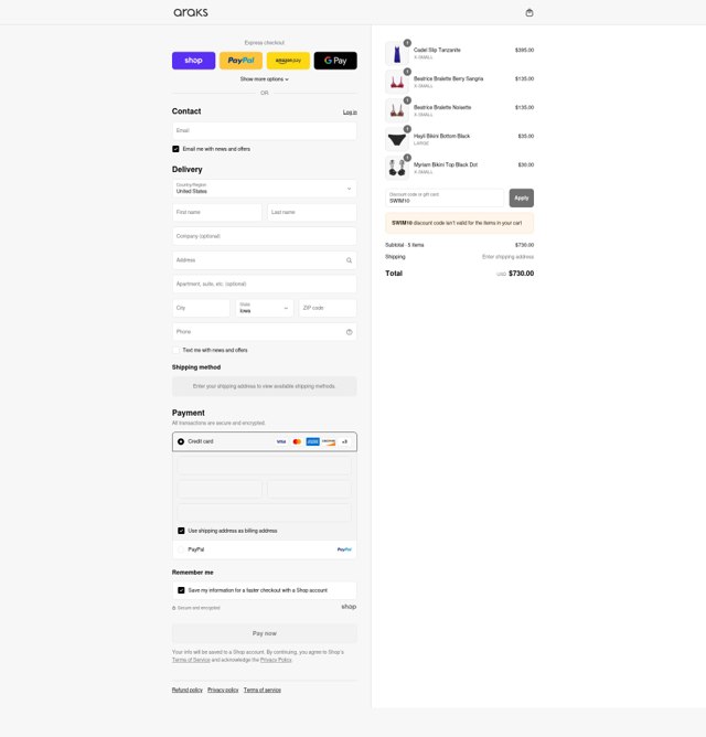 Araks checkout page showing Araks discount code box | Screenshot taken by SimplyCodes community member on Sep 3, 2025