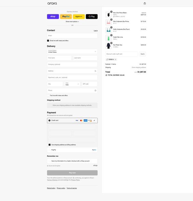 Araks checkout page showing Araks discount code box | Screenshot taken by SimplyCodes community member on Aug 30, 2025