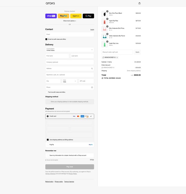 Araks checkout page showing Araks discount code box | Screenshot taken by SimplyCodes community member on Aug 16, 2025